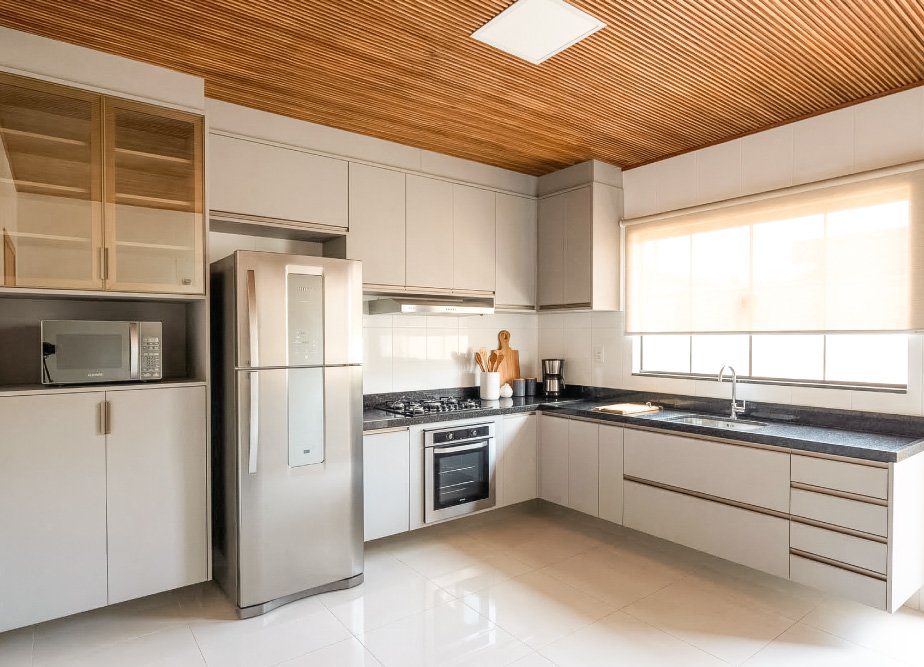 Renderização 3D de cozinha planejada moderna com teto amadeirado em São Luís - Unique Projetados